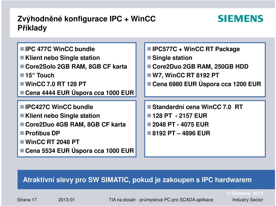 EUR Úspora cca 1000 EUR IPC577C + WinCC RT Package Single station Core2Duo 2GB RAM, 250GB HDD W7, WinCC RT 8192 PT Cena 6980 EUR Úspora cca 1200 EUR Standardní cena