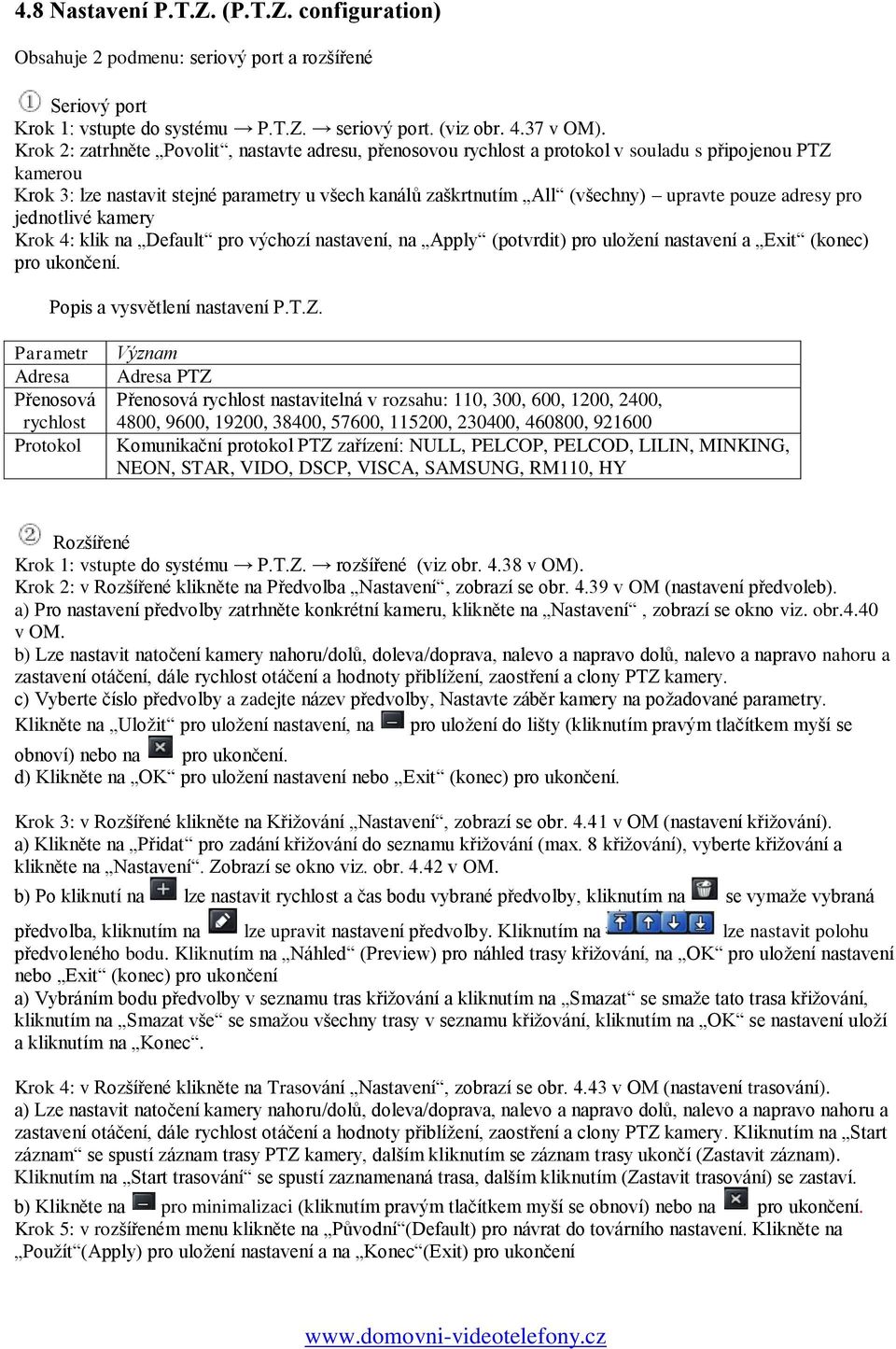 pouze adresy pro jednotlivé kamery Krok 4: klik na Default pro výchozí nastavení, na Apply (potvrdit) pro uložení nastavení a Exit (konec). Popis a vysvětlení nastavení P.T.Z.