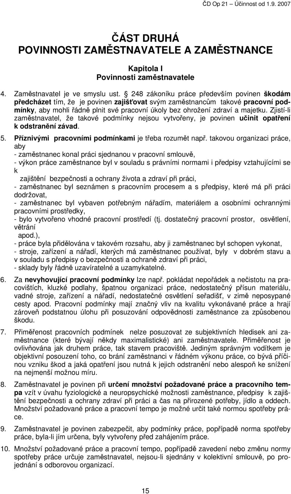 Zjistí-li zaměstnavatel, že takové podmínky nejsou vytvořeny, je povinen učinit opatření k odstranění závad. 5. Příznivými pracovními podmínkami je třeba rozumět např.