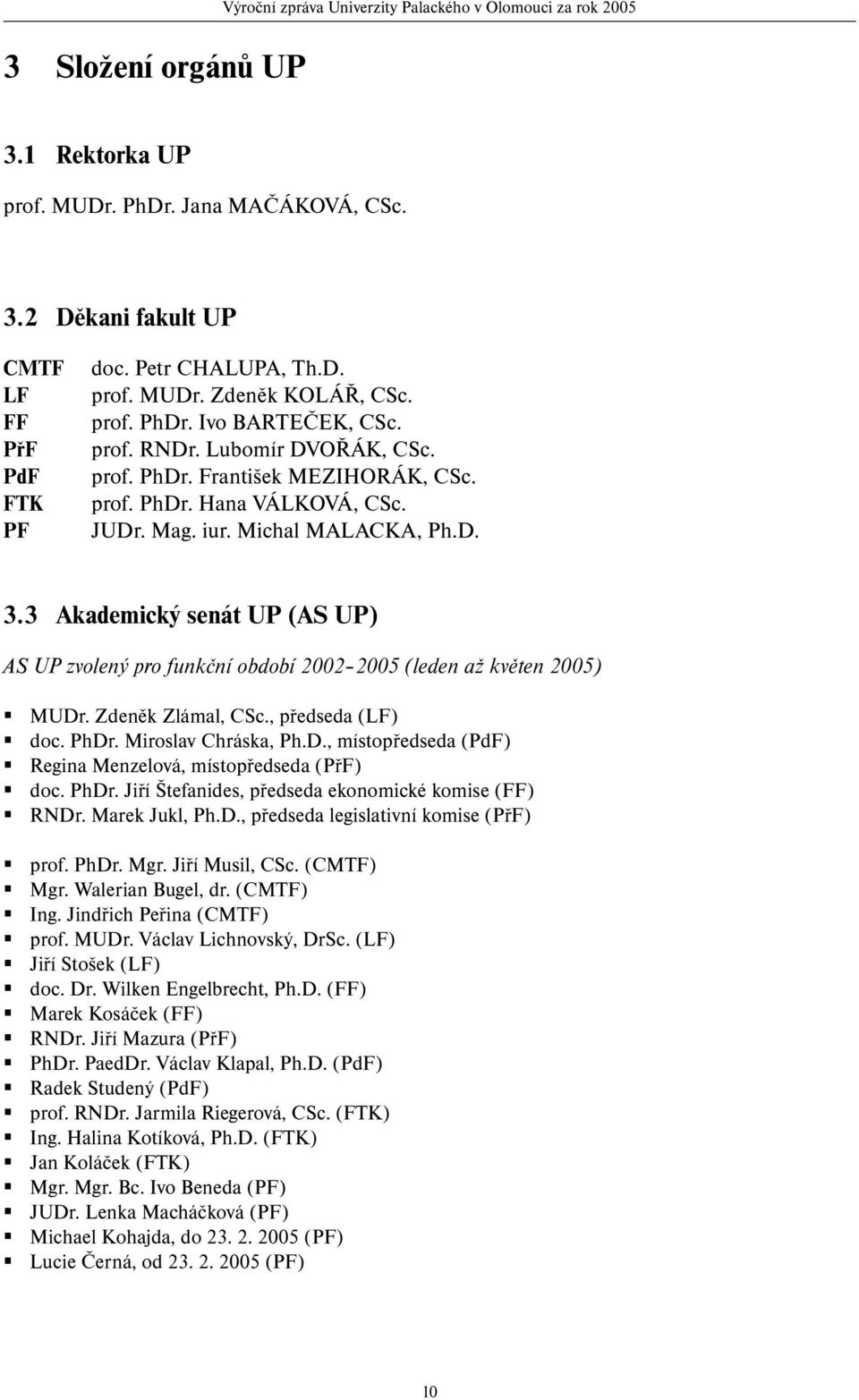 Michal MALACKA, Ph.D. 3.3 Akademický senát UP (AS UP) AS UP zvolený pro funkční období 2002 2005 (leden až květen 2005) MUDr. Zdeněk Zlámal, CSc., předseda (LF) doc. PhDr. Miroslav Chráska, Ph.D., místopředseda (PdF) Regina Menzelová, místopředseda (PřF) doc.