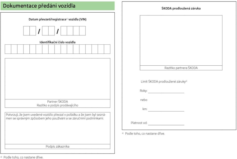 Potvrzuji, že jsem uvedené vozidlo převzal v pořádku a že jsem byl seznámen se správným způsobem jeho používání a se