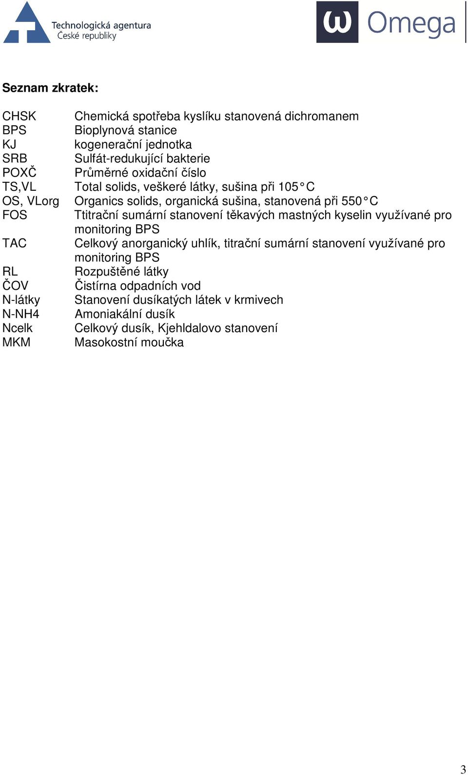 stanovení těkavých mastných kyselin využívané pro monitoring BPS TAC Celkový anorganický uhlík, titrační sumární stanovení využívané pro monitoring BPS RL