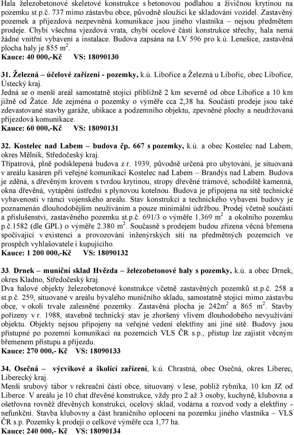 Chybí všechna vjezdová vrata, chybí ocelové části konstrukce střechy, hala nemá žádné vnitřní vybavení a instalace. Budova zapsána na LV 596 pro k.ú. Lenešice, zastavěná plocha haly je 855 m 2.