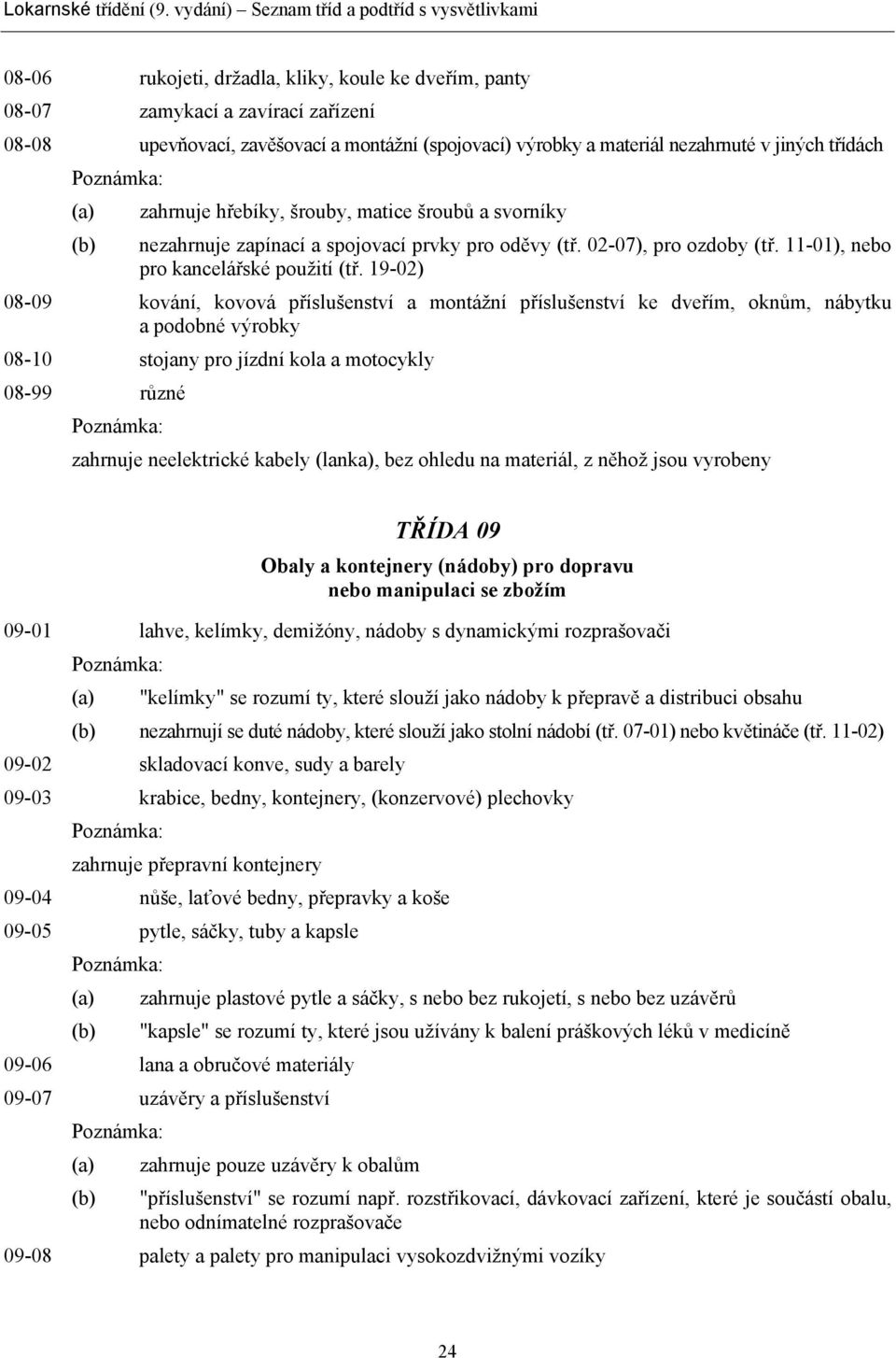 19-02) 08-09 kování, kovová příslušenství a montážní příslušenství ke dveřím, oknům, nábytku a podobné výrobky 08-10 stojany pro jízdní kola a motocykly 08-99 různé zahrnuje neelektrické kabely