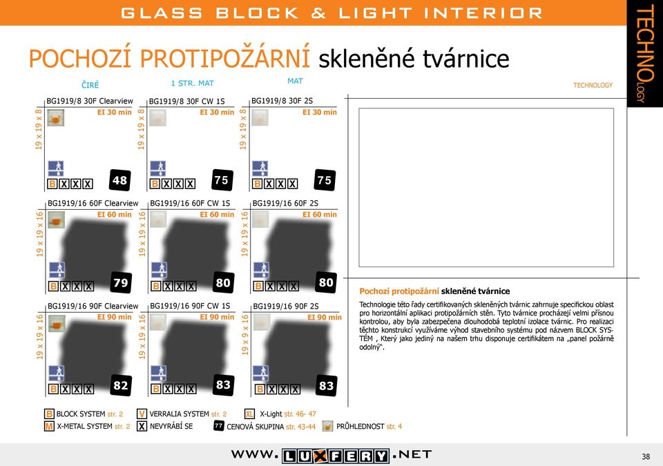 80 BG1919/16 90F 2S Pochozí protipožární skleněné tvárnice Technologie této řady certifikovaných skleněných tvárnic zahrnuje specifickou oblast pro horizontální aplikaci protipožárních stěn.