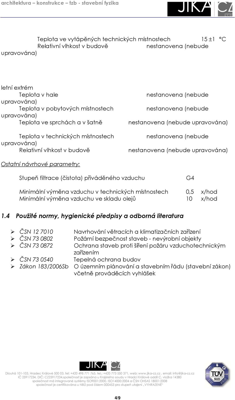 nestanovena (nebude upravována) Ostatní návrhové parametry: Stupeň filtrace (čistota) přiváděného vzduchu G4 Minimální výměna vzduchu v technických místnostech 0,5 x/hod Minimální výměna vzduchu ve