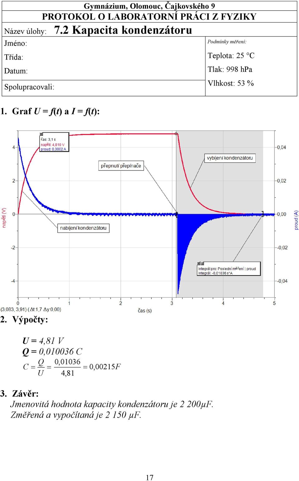 Graf U = f(t) a I = f(t): Podmínky měření: Teplota: 25 C Tlak: 998 hpa Vlhkost: 53 % 2.