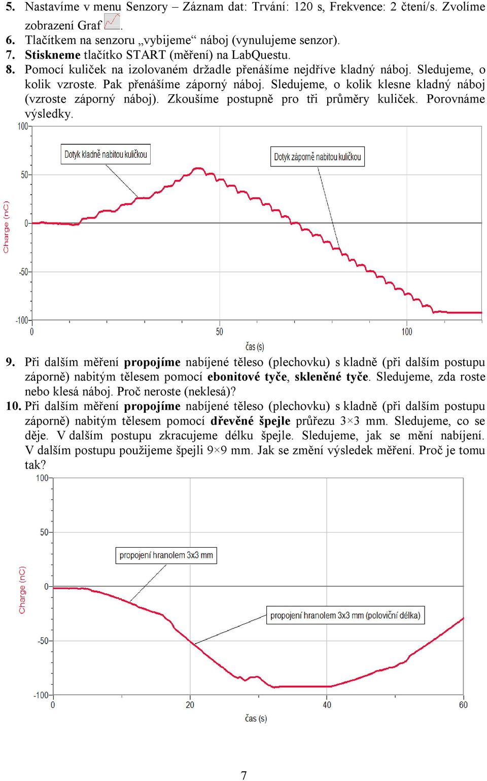 Sledujeme, o kolik klesne kladný náboj (vzroste záporný náboj). Zkoušíme postupně pro tři průměry kuliček. Porovnáme výsledky. 9.