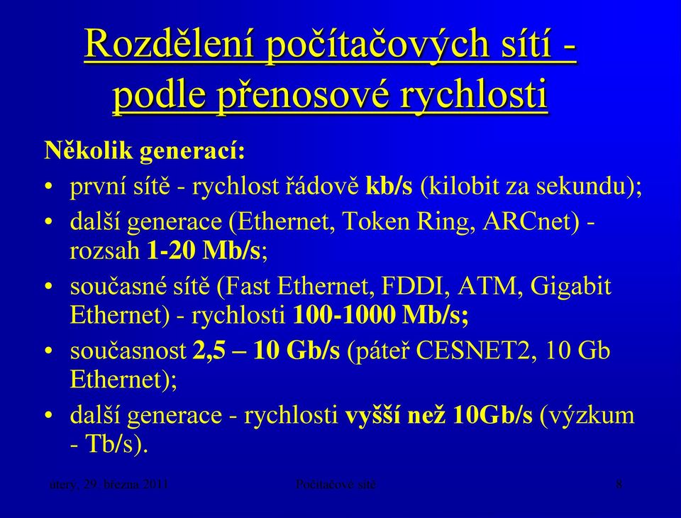 Ethernet, FDDI, ATM, Gigabit Ethernet) - rychlosti 100-1000 Mb/s; současnost 2,5 10 Gb/s (páteř CESNET2, 10