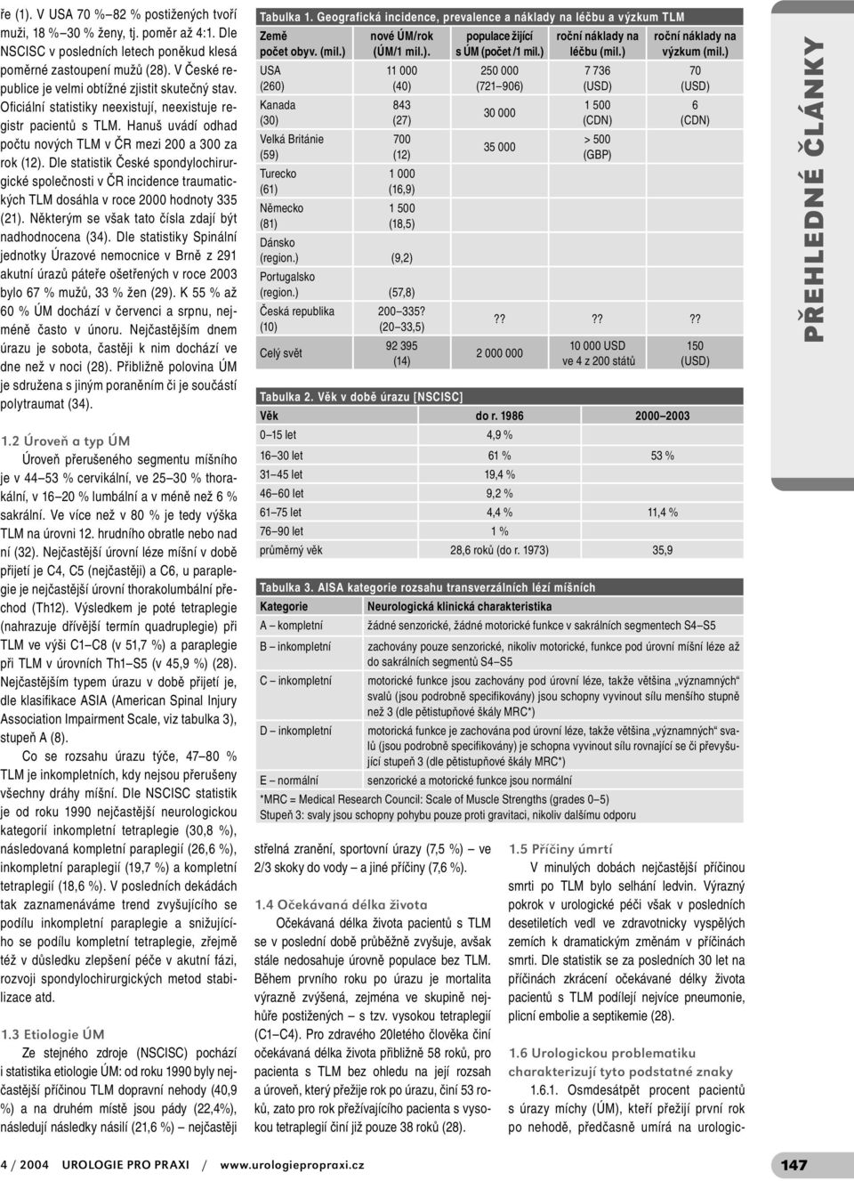 Dle statistik České spondylochirurgické společnosti v ČR incidence traumatických TLM dosáhla v roce 2000 hodnoty 335 (21). Některým se však tato čísla zdají být nadhodnocena (34).