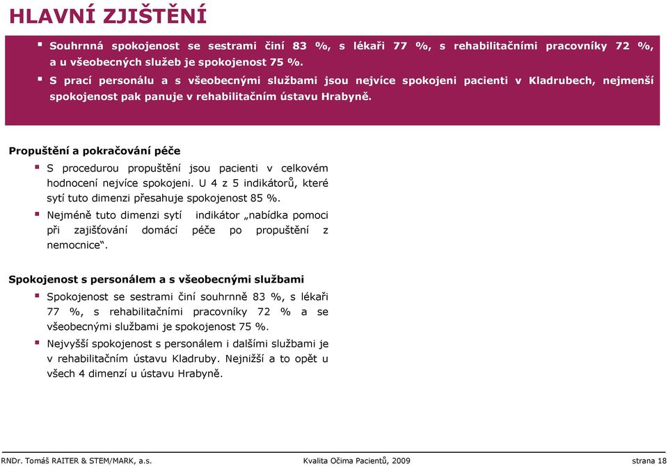 Propuštění a pokračování péče S procedurou propuštění jsou pacienti v celkovém hodnocení nejvíce spokojeni. U 4 z 5 indikátorů, které sytí tuto dimenzi přesahuje spokojenost 85 %.