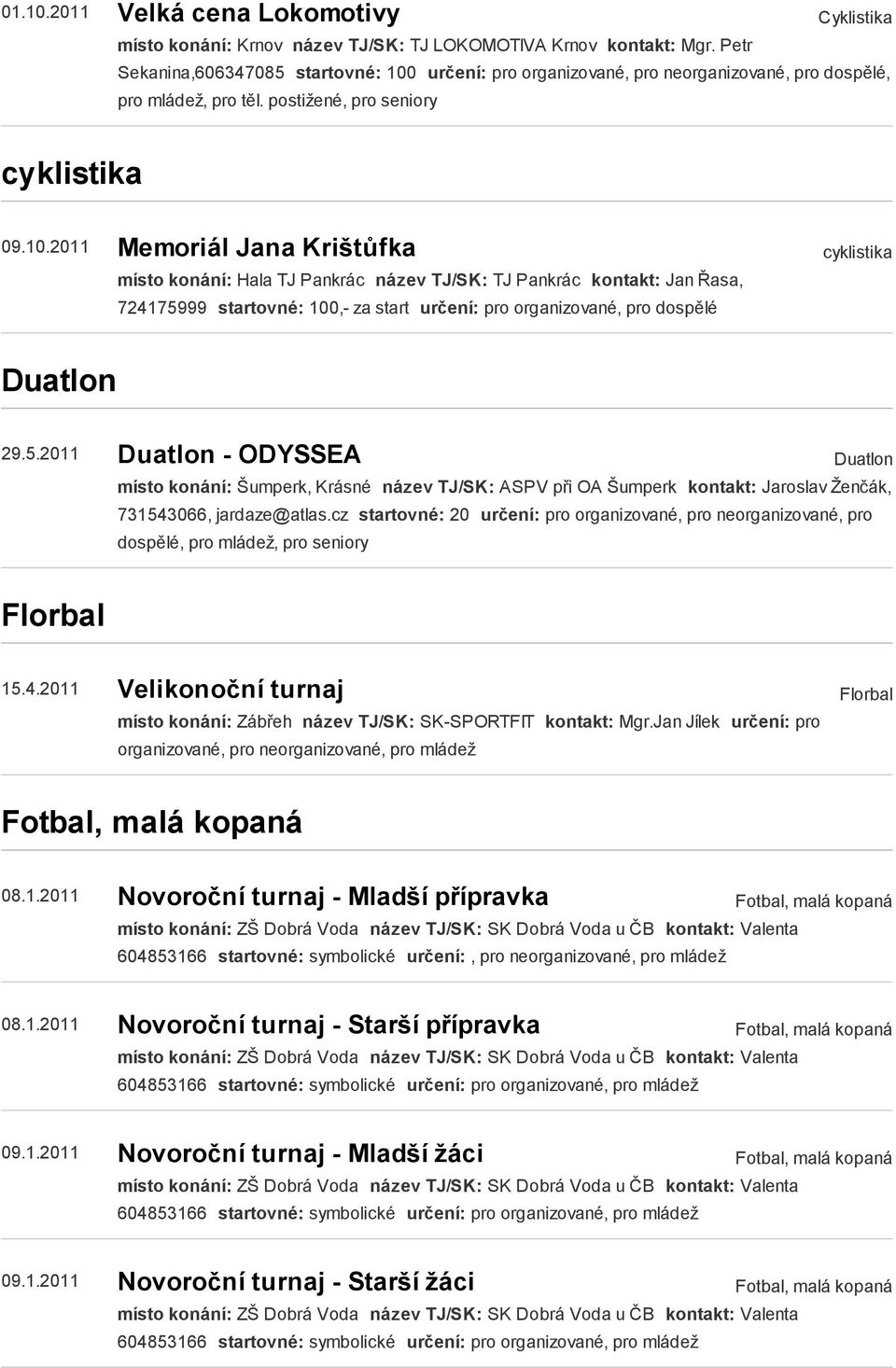 určení: pro organizované, pro neorganizované, pro dospělé, pro mládež, pro těl. postižené, pro seniory cyklistika 09.10.