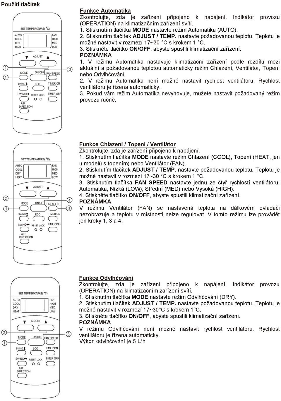 Stiskněte tlačítko ON/OFF, abyste spustili klimatizační zařízení. POZNÁMKA 1.