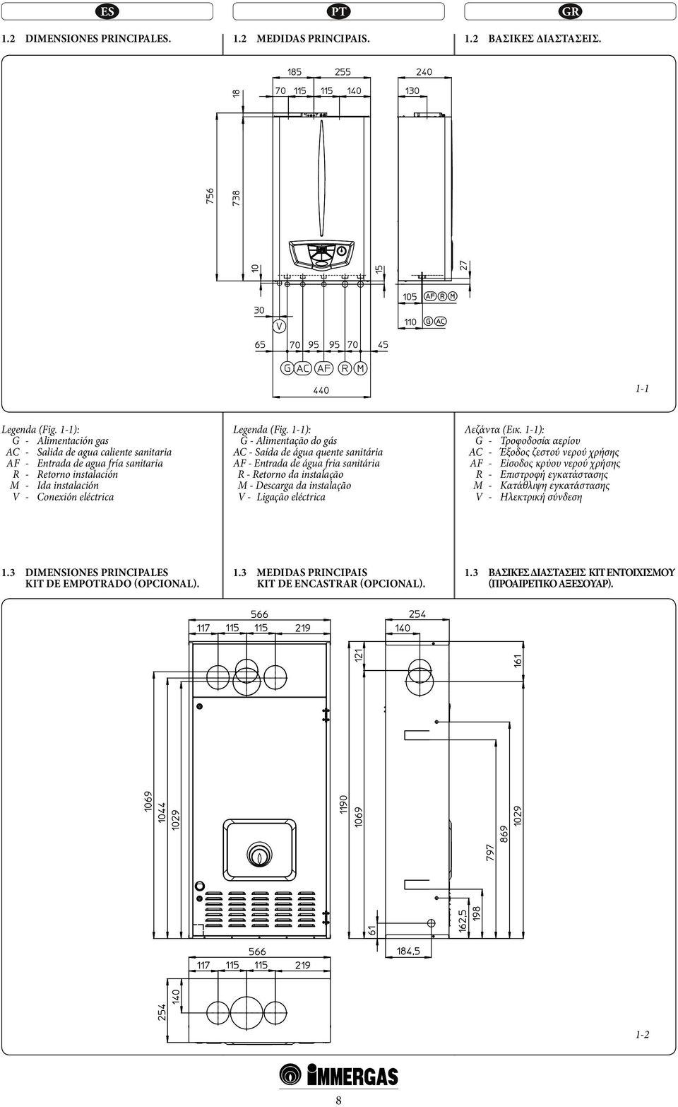 1-1): G - Alimentação do gás AC - Saída de água quente sanitária AF - Entrada de água fria sanitária R - Retorno da instalação M - Descarga da instalação V - Ligação eléctrica Λεζάντα (Εικ.