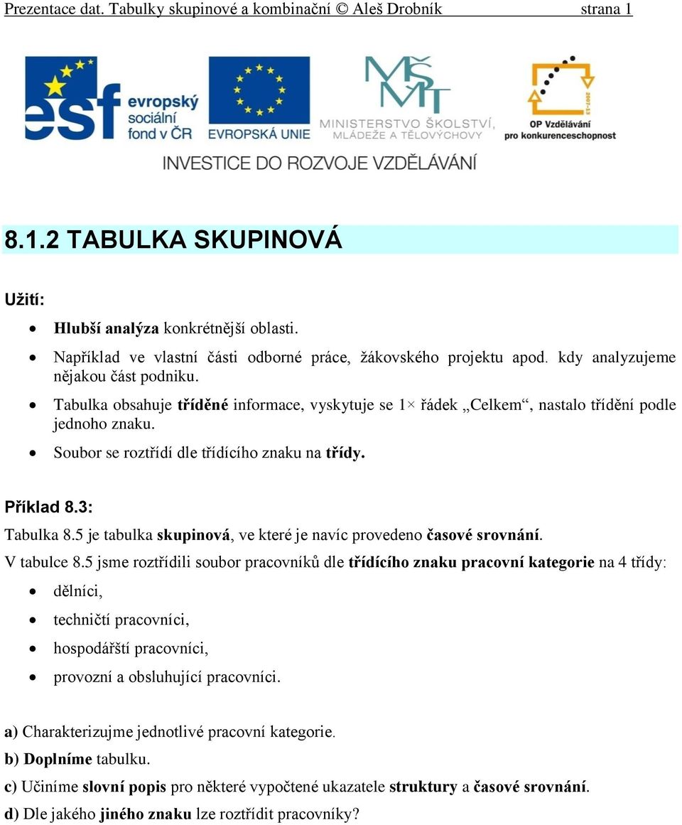 Tabulka obsahuje tříděné informace, vyskytuje se 1 řádek Celkem, nastalo třídění podle jednoho znaku. Soubor se roztřídí dle třídícího znaku na třídy. Příklad 8.3: Tabulka 8.