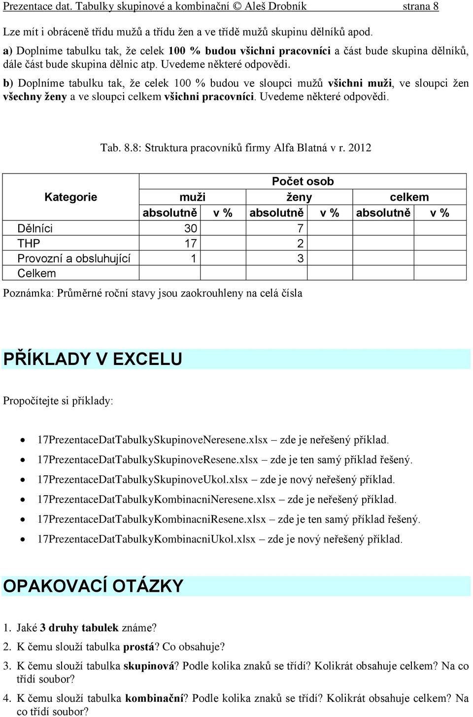 b) Doplníme tabulku tak, že celek 100 % budou ve sloupci mužů všichni muži, ve sloupci žen všechny ženy a ve sloupci celkem všichni pracovníci. Uvedeme některé odpovědi. Tab. 8.