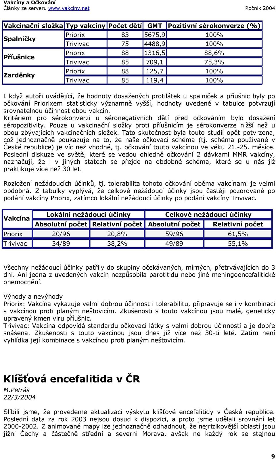 tabulce potvrzují srovnatelnou účinnost obou vakcín. Kritériem pro sérokonverzi u séronegativních dětí před očkováním bylo dosažení séropozitivity.