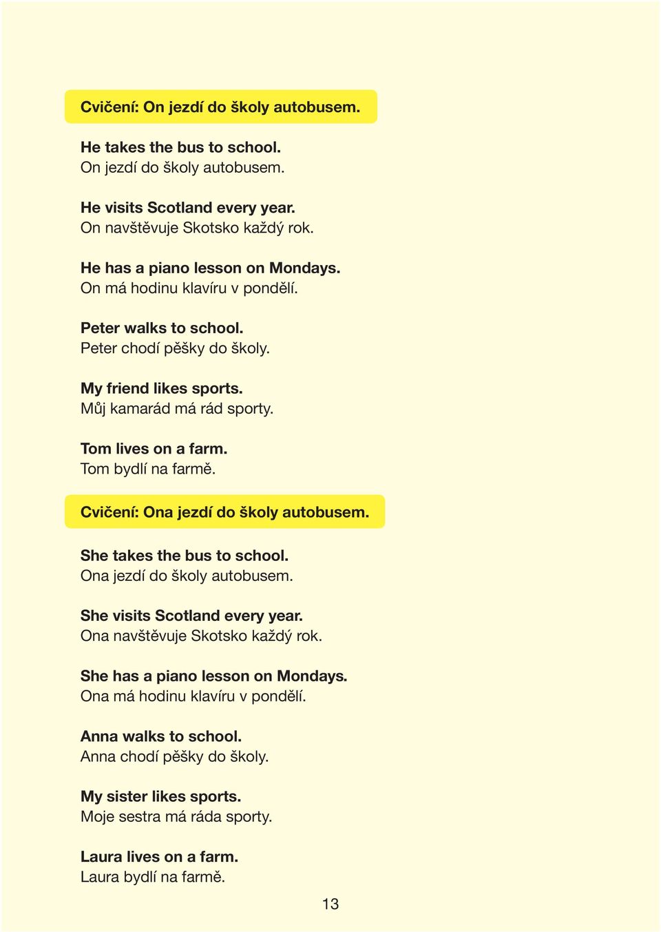 Tom lives on a farm. Tom bydlí na farmě. Cvičení: Ona jezdí do školy autobusem. She takes the bus to school. Ona jezdí do školy autobusem. She visits Scotland every year.