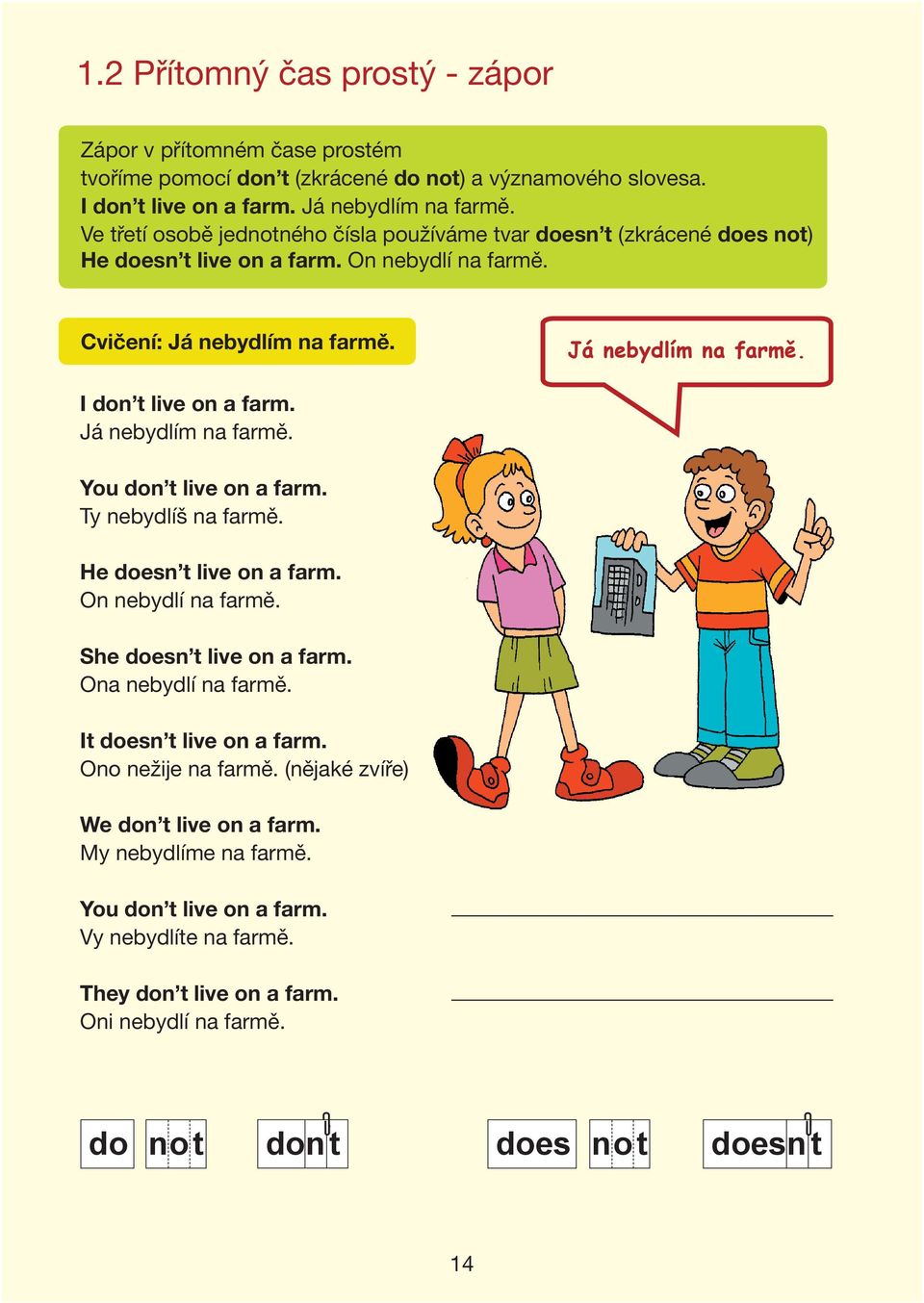 Já nebydlím na farmě. You don t live on a farm. Ty nebydlíš na farmě. He doesn t live on a farm. On nebydlí na farmě. She doesn t live on a farm. Ona nebydlí na farmě. It doesn t live on a farm.