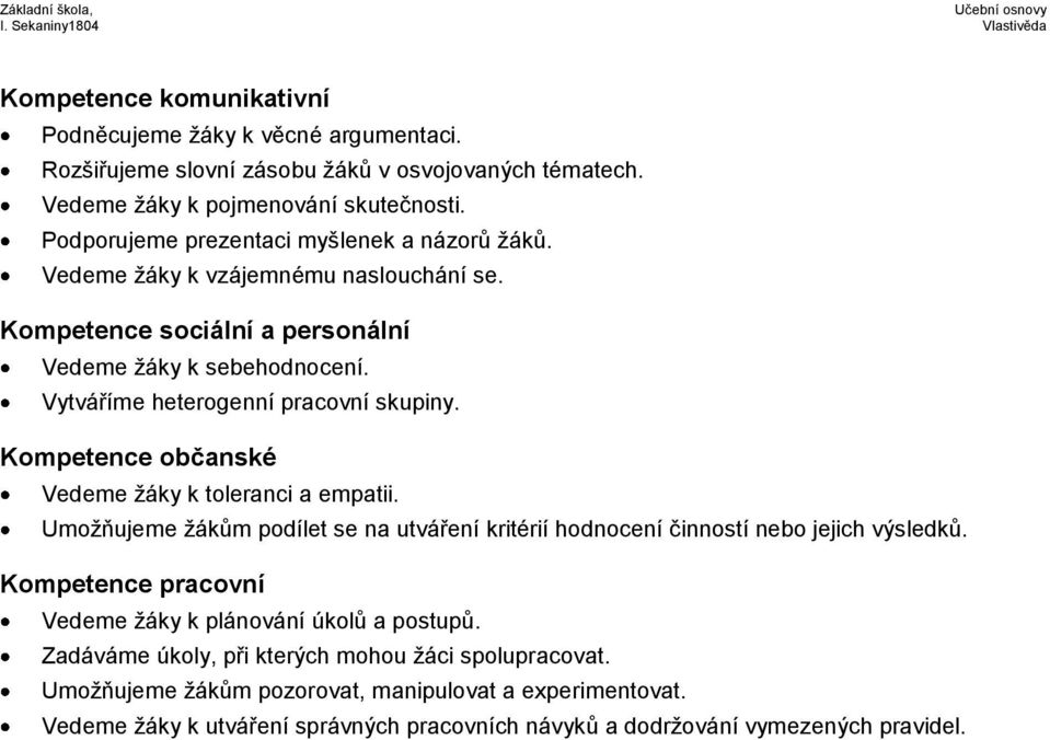 Vytváříme heterogenní pracovní skupiny. Kompetence občanské Vedeme žáky k toleranci a empatii. Umožňujeme žákům podílet se na utváření kritérií hodnocení činností nebo jejich výsledků.