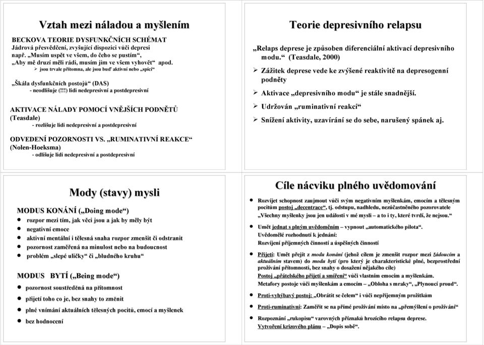 !!) lidi nedepresivní a postdepresivní AKTIVACE NÁLADY POMOCÍ VNĚJŠÍCH PODNĚTŮ (Teasdale) - rozlišuje lidi nedepresivní a postdepresivní Teorie depresivního relapsu Relaps deprese je způsoben