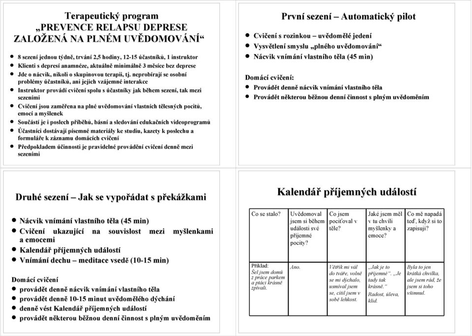 neprobírají se osobní problémy účastníků, ani jejich vzájemné interakce Instruktor provádí cvičení spolu s účastníky jak během sezení, tak mezi sezeními Cvičení jsou zaměřena na plné uvědomování