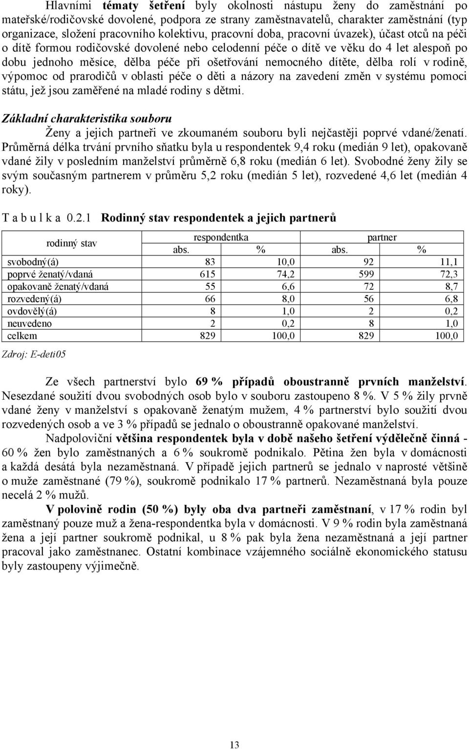 nemocného dítěte, dělba rolí v rodině, výpomoc od prarodičů v oblasti péče o děti a názory na zavedení změn v systému pomoci státu, jež jsou zaměřené na mladé rodiny s dětmi.