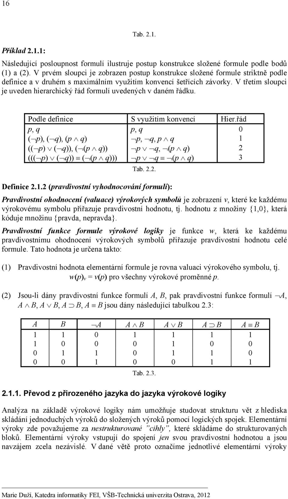 V třetím sloupci je uveden hierarchický řád formulí uvedených v daném řádku. Podle definice S využitím konvencí Hier.