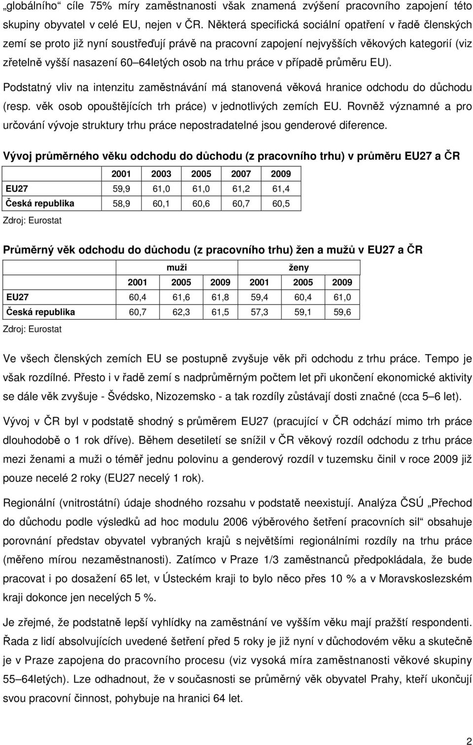 práce v případě průměru EU). Podstatný vliv na intenzitu zaměstnávání má stanovená věková hranice odchodu do důchodu (resp. věk osob opouštějících trh práce) v jednotlivých zemích EU.