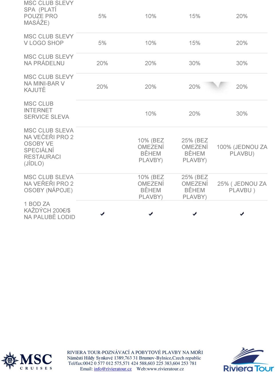 PRO 2 OSOBY VE SPECIÁLNÍ RESTAURACI (JÍDLO) 10% (BEZ 25% (BEZ 100% (JEDNOU ZA PLAVBU) MSC CLUB SLEVA NA