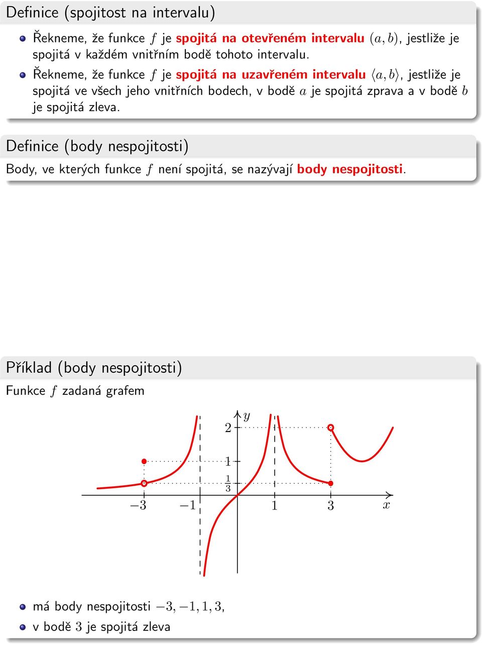 Řekneme, že funkce f je spojitá na uzavřeném intervalu a, b, jestliže je spojitá ve všech jeho vnitřních bodech, v bodě a je spojitá