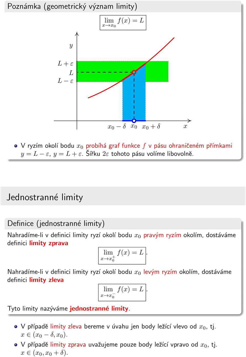 Jednostranné it Definice (jednostranné it) Nahradíme-li v definici it rzí okoĺı bodu pravým rzím okoĺım, dostáváme definici it zprava f() = L.