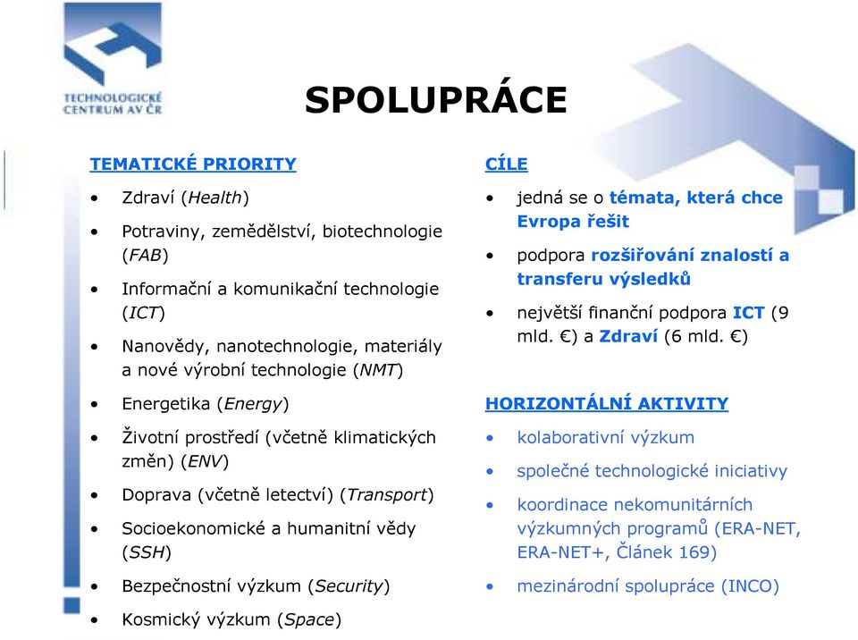 (Security) CÍLE jedná se o témata, která chce Evropa řešit podpora rozšiřování znalostí a transferu výsledků největší finanční podpora ICT (9 mld. ) a Zdraví (6 mld.