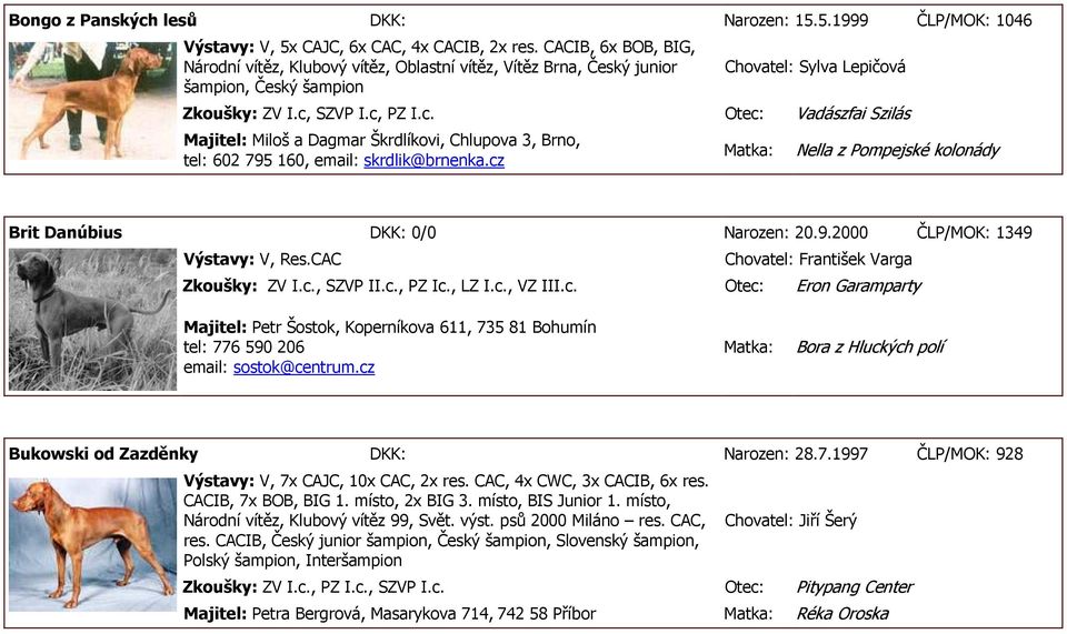 SZVP I.c, PZ I.c. Otec: Vadászfai Szilás Majitel: Miloš a Dagmar Škrdlíkovi, Chlupova 3, Brno, tel: 602 795 160, email: skrdlik@brnenka.