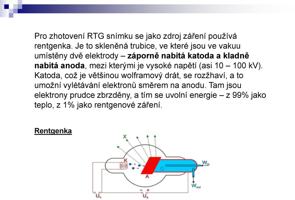 anoda, mezi kterými je vysoké napětí (asi 10 100 kv).