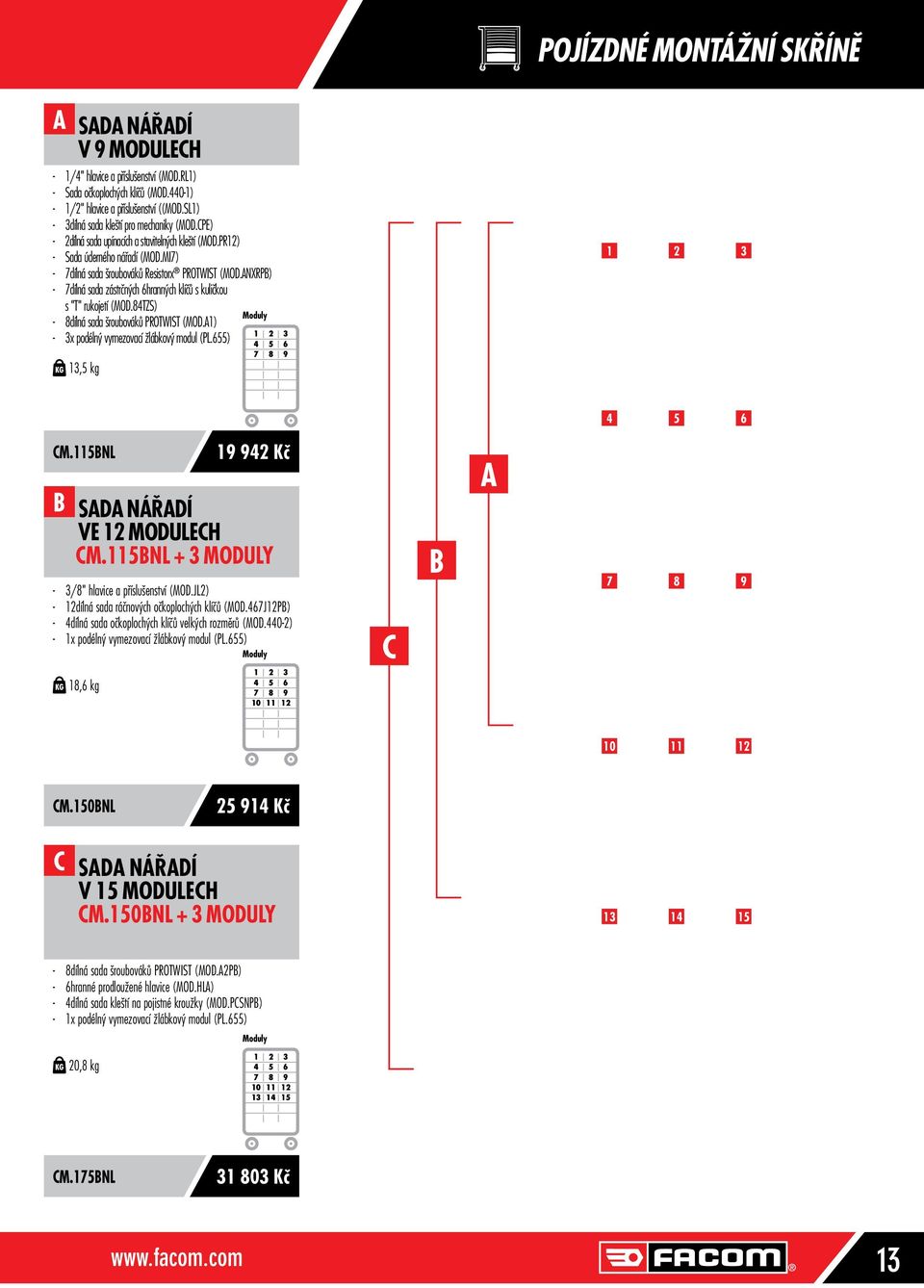 ANXRPB) - 7dílná sada zástrčných 6hranných klíčů s kuličkou s "T" rukojetí (MOD.84TZS) - 8dílná sada šroubováků PROTWIST (MOD.A1) - 3x podélný vymezovací žlábkový modul (PL.