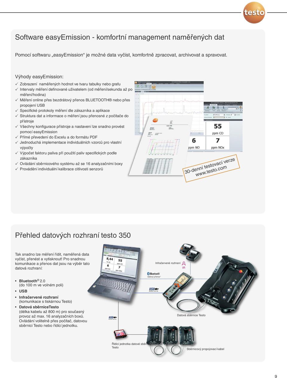 BLUETOOTH nebo přes propojení USB Specifické protokoly měření dle zákazníka a aplikace Struktura dat a informace o měření jsou přenosné z počítače do přístroje Všechny konfigurace přístroje a