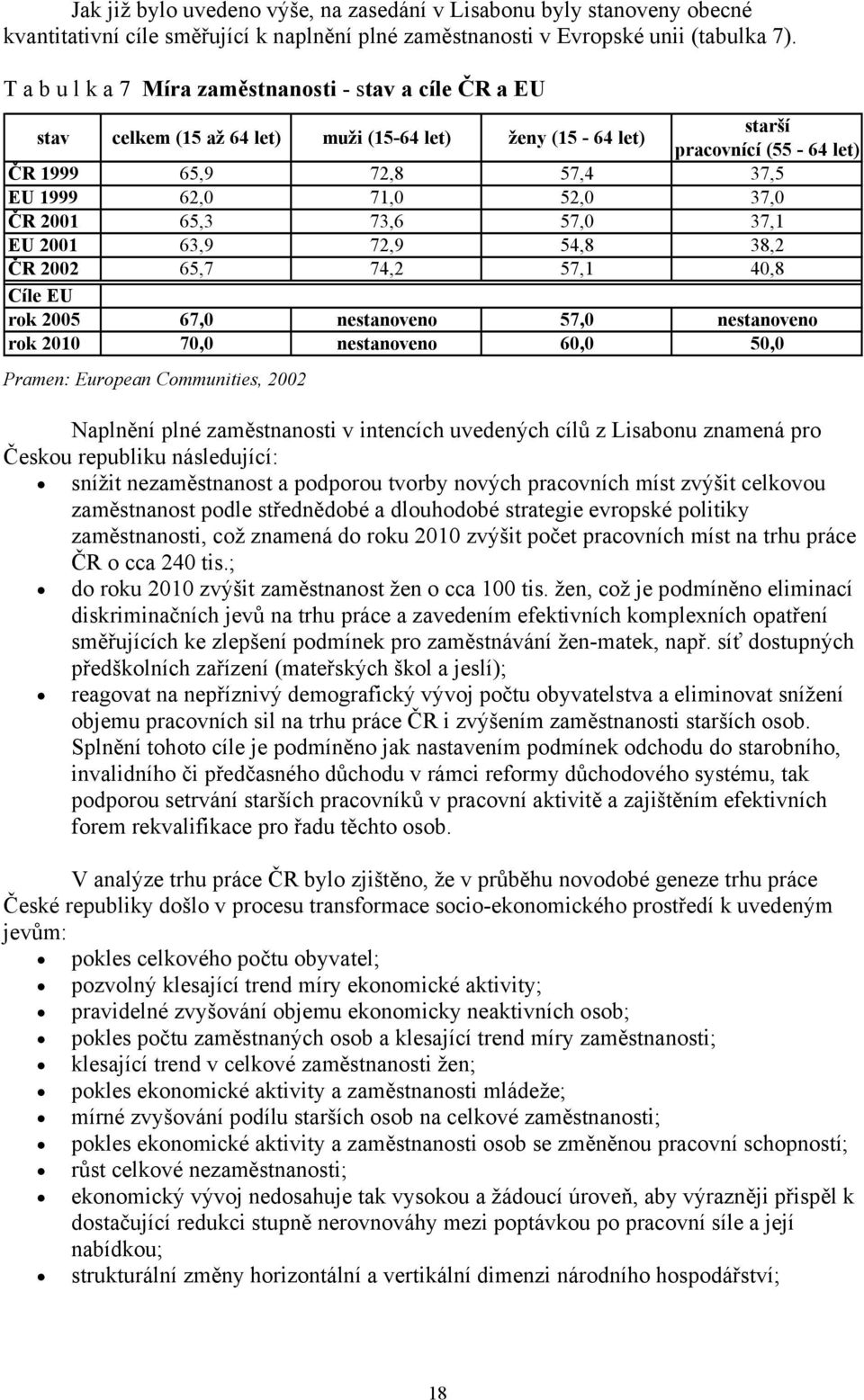 37,0 ČR 2001 65,3 73,6 57,0 37,1 EU 2001 63,9 72,9 54,8 38,2 ČR 2002 65,7 74,2 57,1 40,8 Cíle EU rok 2005 67,0 nestanoveno 57,0 nestanoveno rok 2010 70,0 nestanoveno 60,0 50,0 Pramen: European