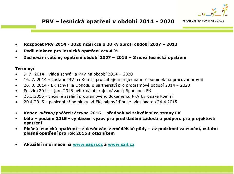 2014 - EK schválila Dohodu o partnerství pro programové období 2014 2020 Podzim 2014 jaro 2015 neformální projednávání připomínek EK 25.3.