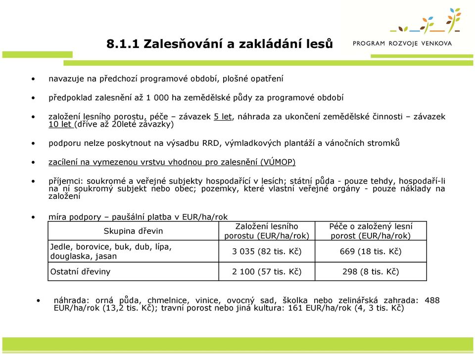 vymezenou vrstvu vhodnou pro zalesnění (VÚMOP) příjemci: soukromé a veřejné subjekty hospodařící v lesích; státní půda - pouze tehdy, hospodaří-li na ní soukromý subjekt nebo obec; pozemky, které