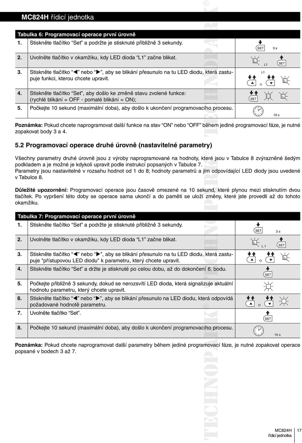 Stiskněte tlačítko Set, aby došlo ke změně stavu zvolené funkce: (rychlé blikání = OFF - pomalé blikání = ON); 5. Počkejte 10 sekund (maximální doba), aby došlo k ukončení programovacího procesu.