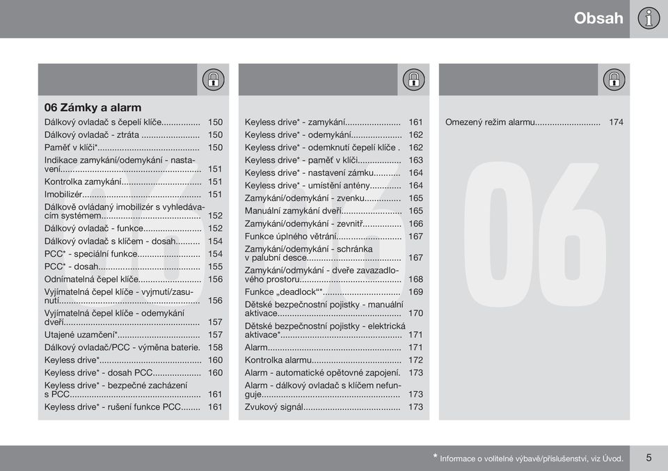 .. 155 Odnímatelná čepel klíče... 156 Vyjímatelná čepel klíče - vyjmutí/zasunutí... 156 Vyjímatelná čepel klíče - odemykání dveří... 157 Utajené uzamčení*... 157 Dálkový ovladač/pcc - výměna baterie.