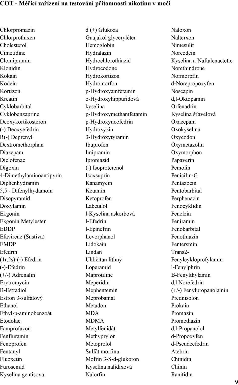 (1r,2s)-(-) Efedrin (-)-Efedrin (+/-) Adrenalin Erytromycin B-Estradiol Estron 3-sulfátový Ethanol Ethyl-p-aminobenzoát Etodolac Famprofazon Fenfluramin Fenoprofen Fentanyl Fluoxetin Furosemid