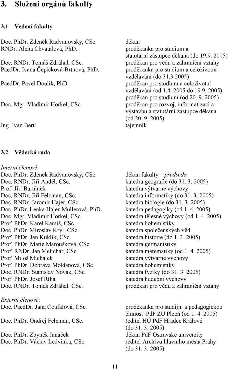 9. 2005) proděkan pro vědu a zahraniční vztahy proděkanka pro studium a celoživotní vzdělávání (do 31.3 2005) proděkan pro studium a celoživotní vzdělávání (od 1.4. 2005 do 19.9. 2005) proděkan pro studium (od 20.