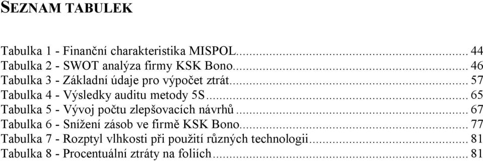 .. 65 Tabulka 5 - Vývoj počtu zlepšovacích návrhů... 67 Tabulka 6 - Snížení zásob ve firmě KSK Bono.