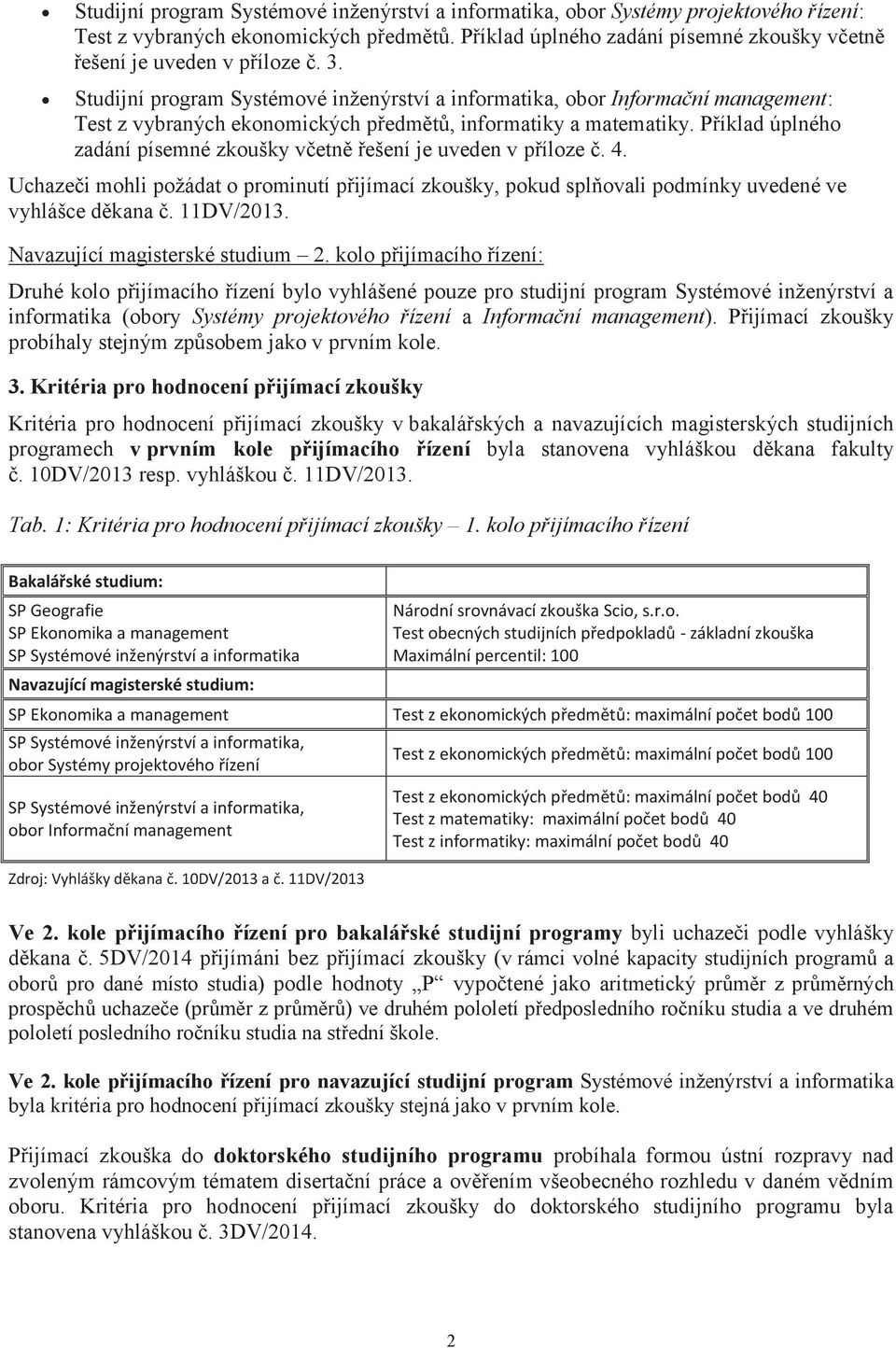 Studijní program Systémové inženýrství a informatika, obor Informační management: Test z vybraných ekonomických předmětů, informatiky a matematiky.