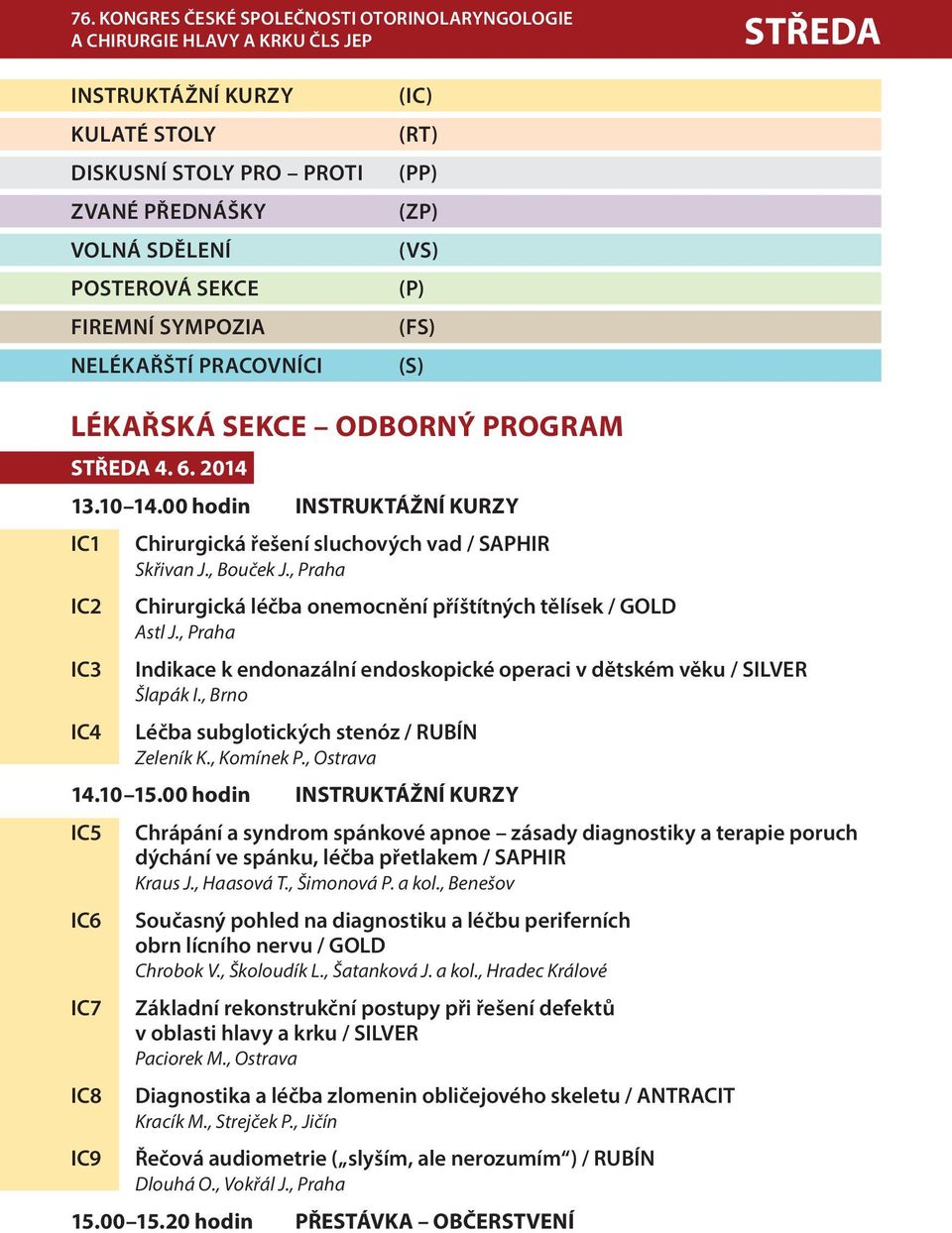 00 hodin INSTRUKTÁŽNÍ KURZY IC1 Chirurgická řešení sluchových vad / SAPHIR Skřivan J., Bouček J., Praha IC2 Chirurgická léčba onemocnění příštítných tělísek / GOLD Astl J.