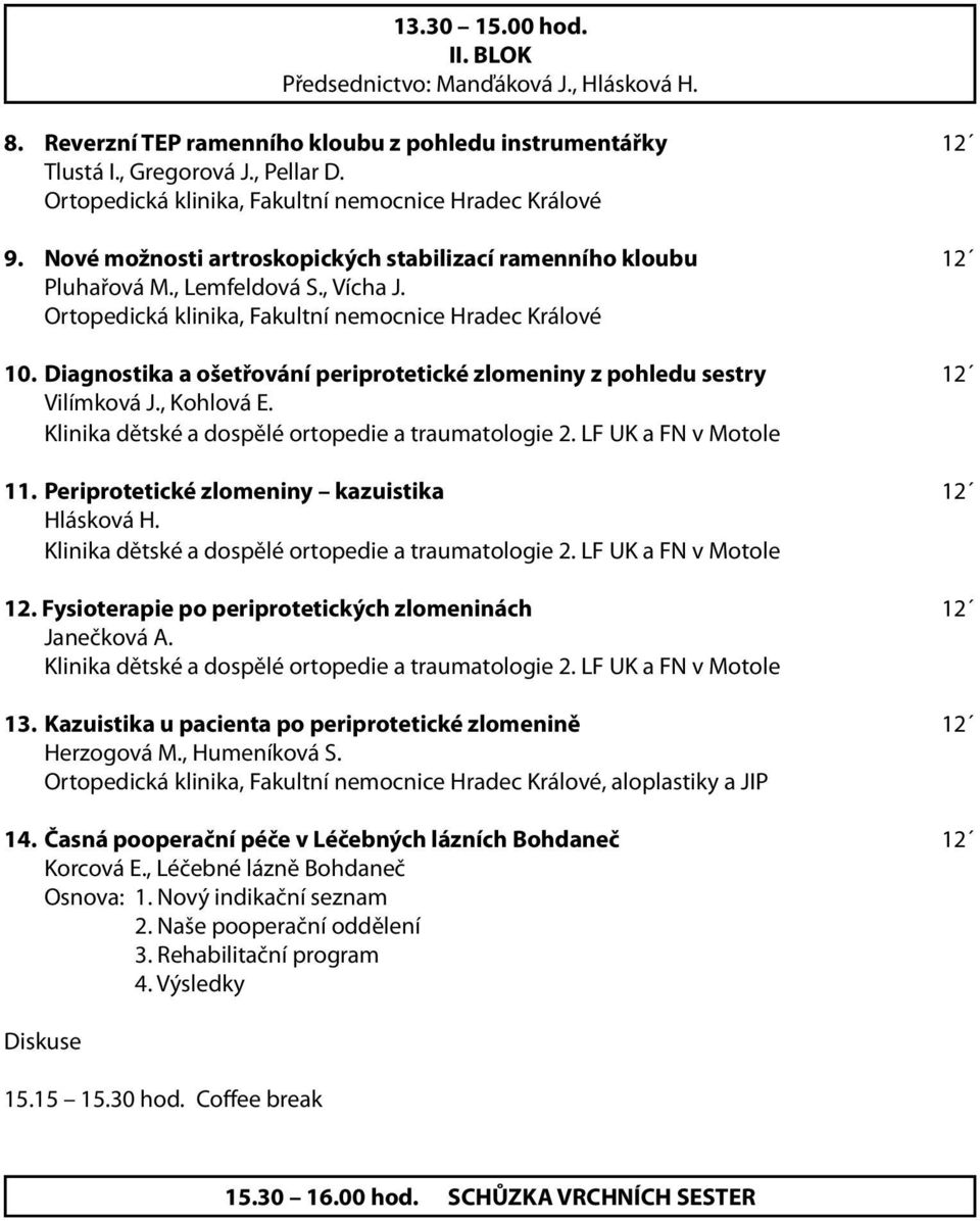 Ortopedická klinika, Fakultní nemocnice Hradec Králové 10. Diagnostika a ošetřování periprotetické zlomeniny z pohledu sestry 12 Vilímková J., Kohlová E.