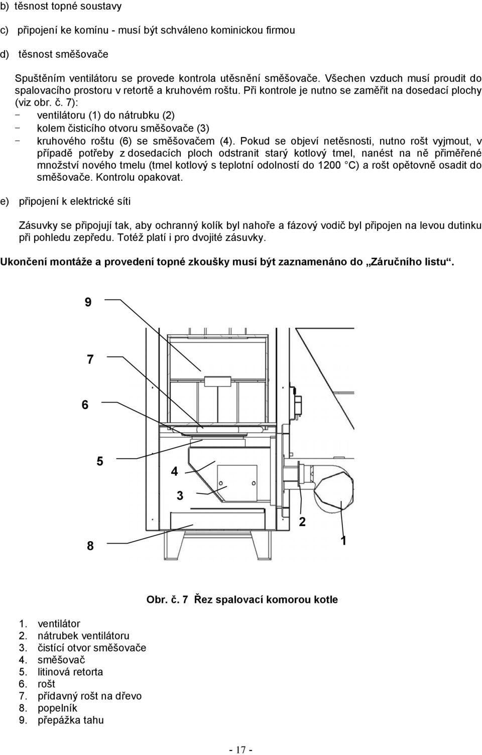 7): - ventilátoru (1) do nátrubku (2) - kolem čisticího otvoru směšovače (3) - kruhového roštu (6) se směšovačem (4).