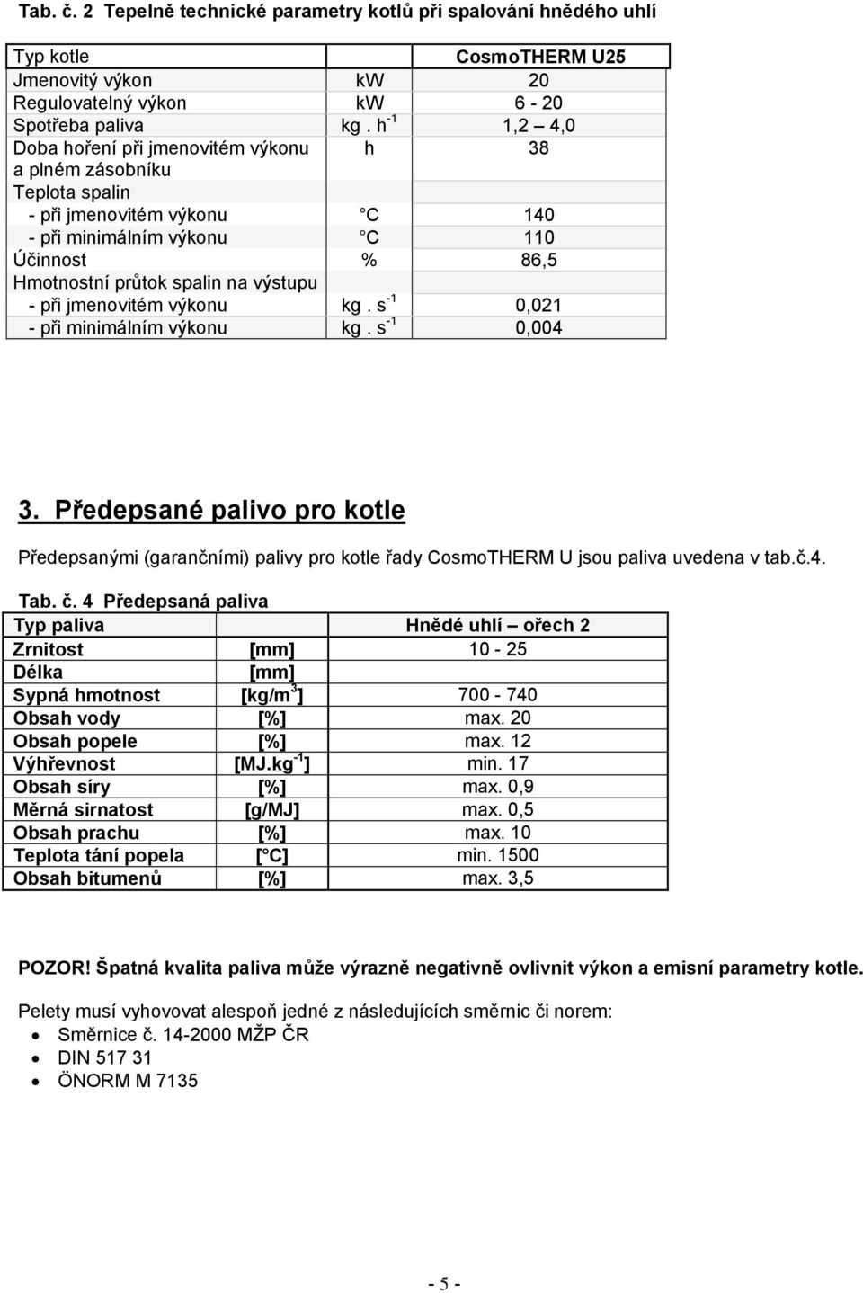 při jmenovitém výkonu kg. s -1 0,021 - při minimálním výkonu kg. s -1 0,004 3. Předepsané palivo pro kotle Předepsanými (garančními) palivy pro kotle řady CosmoTHERM U jsou paliva uvedena v tab.č.4. Tab.